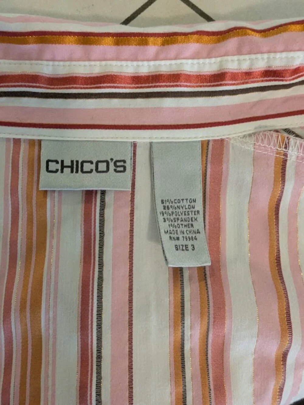 Chico's Size 3 Pink Orange Metallic Stripe Button Front Shirt Stretch Cotton